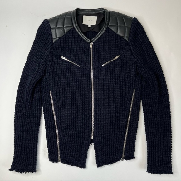 IRO Ceylona Navy Blue Waffle Pattern Knit Black Quilted Leather Edgy Zip Blazer - Picture 2 of 15